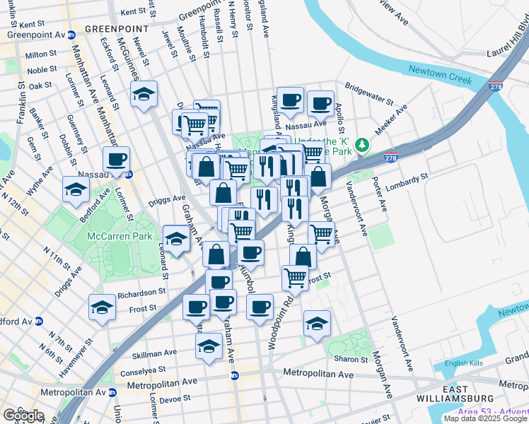 map of restaurants, bars, coffee shops, grocery stores, and more near 187 Engert Avenue in Brooklyn
