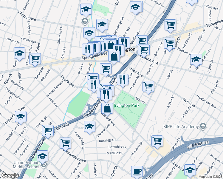 map of restaurants, bars, coffee shops, grocery stores, and more near 123 Ball Street in Irvington