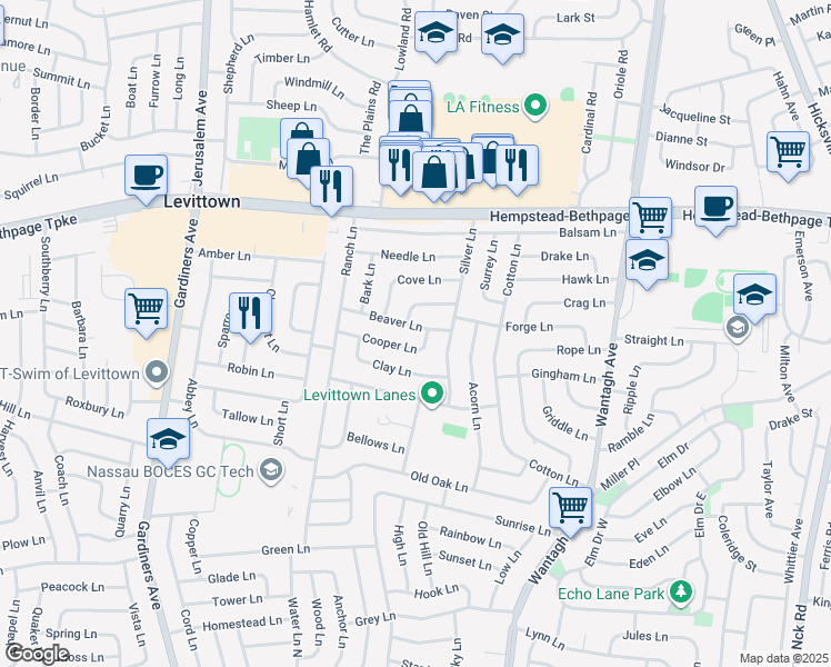 map of restaurants, bars, coffee shops, grocery stores, and more near 40 Beaver Lane in Levittown