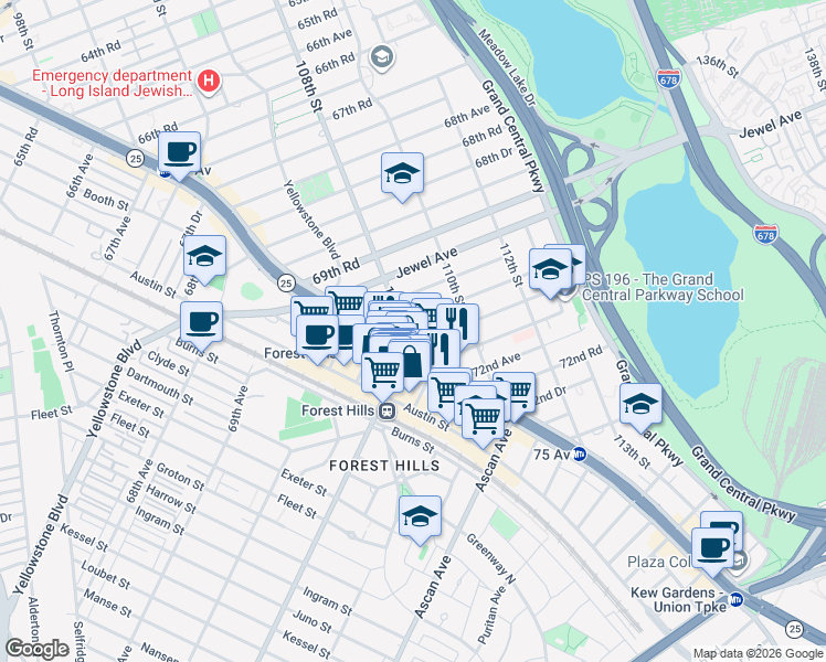 map of restaurants, bars, coffee shops, grocery stores, and more near 70-31A 108th Street in Queens