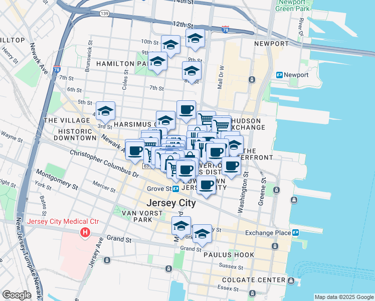 map of restaurants, bars, coffee shops, grocery stores, and more near 15 Saddlewood Court in Jersey City