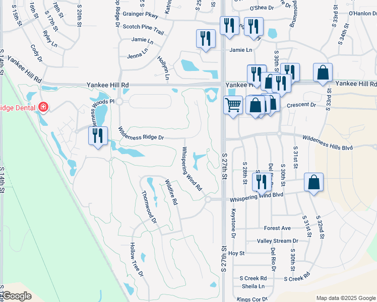 map of restaurants, bars, coffee shops, grocery stores, and more near 8920 Whispering Wind Road in Lincoln