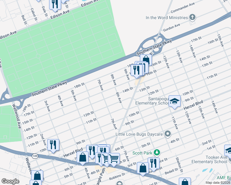 map of restaurants, bars, coffee shops, grocery stores, and more near 746 14th Street in West Babylon