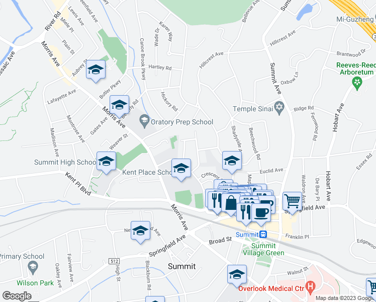 map of restaurants, bars, coffee shops, grocery stores, and more near 7 Lorraine Rd in Summit
