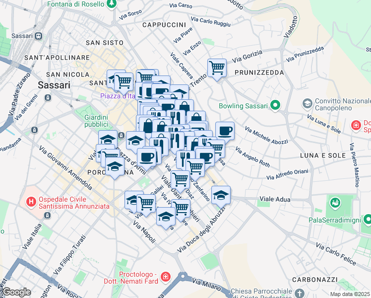 map of restaurants, bars, coffee shops, grocery stores, and more near 2 Via Giorgio Asproni in Sassari