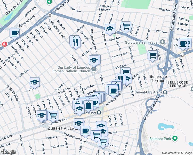 map of restaurants, bars, coffee shops, grocery stores, and more near 93-10 Springfield Boulevard in Queens