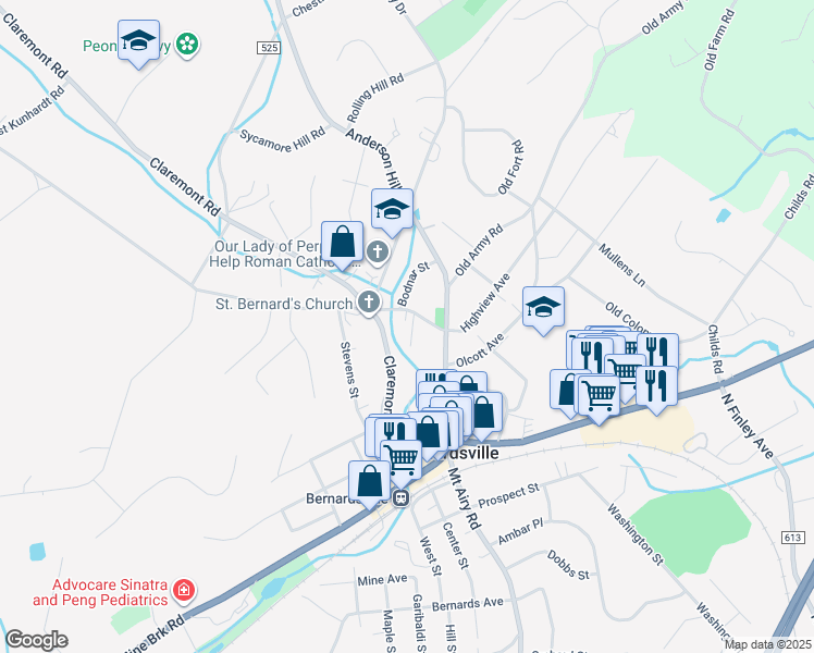 map of restaurants, bars, coffee shops, grocery stores, and more near 5 Park Lane in Bernardsville