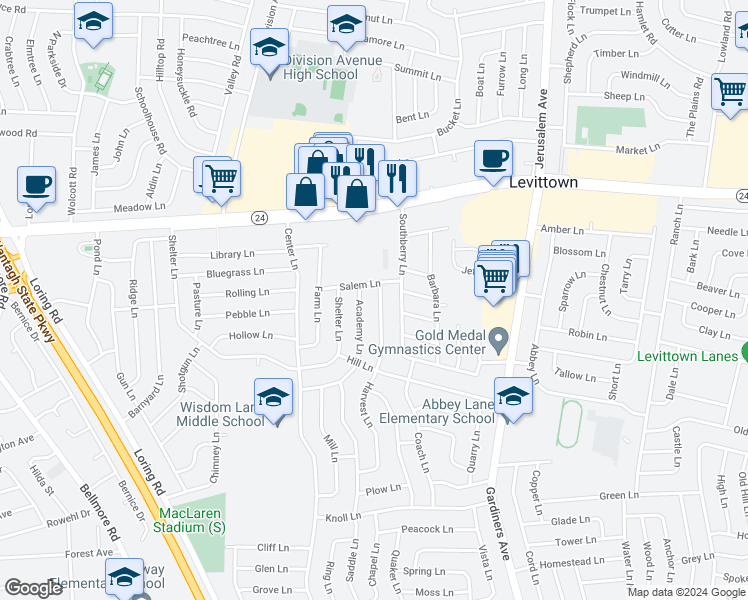 map of restaurants, bars, coffee shops, grocery stores, and more near 10 Harvest Lane in Levittown