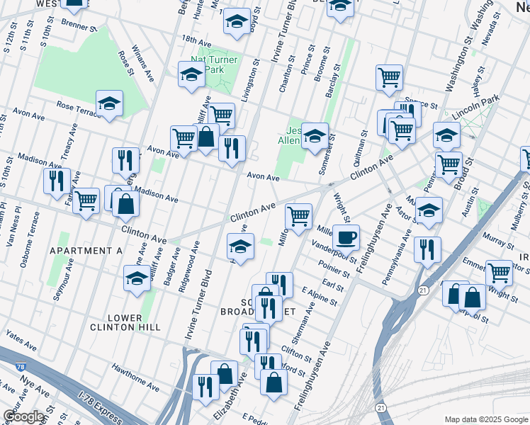 map of restaurants, bars, coffee shops, grocery stores, and more near 316 Clinton Avenue in Newark