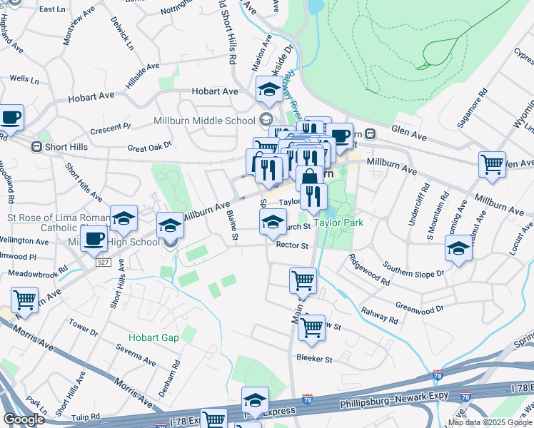 map of restaurants, bars, coffee shops, grocery stores, and more near 111 Spring Street in Essex County