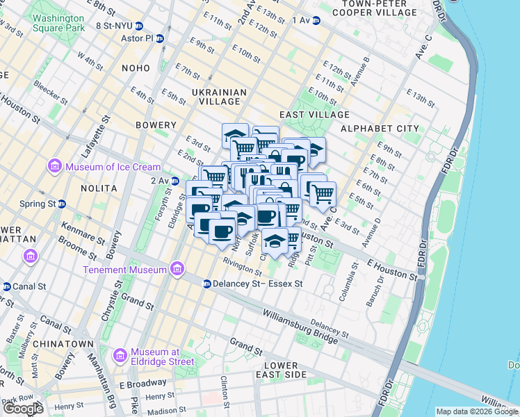 map of restaurants, bars, coffee shops, grocery stores, and more near 250 East Houston Street in New York