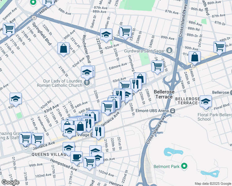 map of restaurants, bars, coffee shops, grocery stores, and more near 93-41 222nd Street in Queens