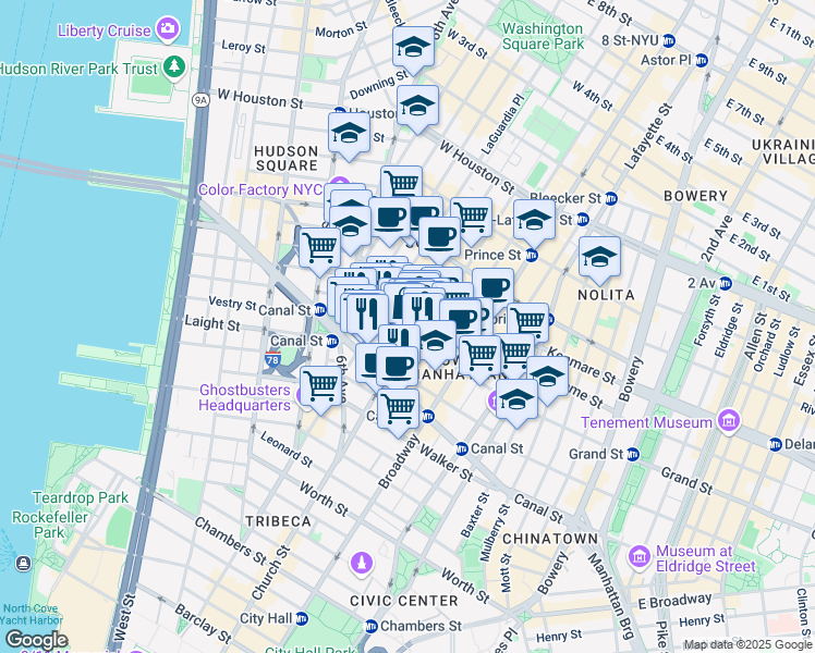 map of restaurants, bars, coffee shops, grocery stores, and more near 72 Grand Street in New York