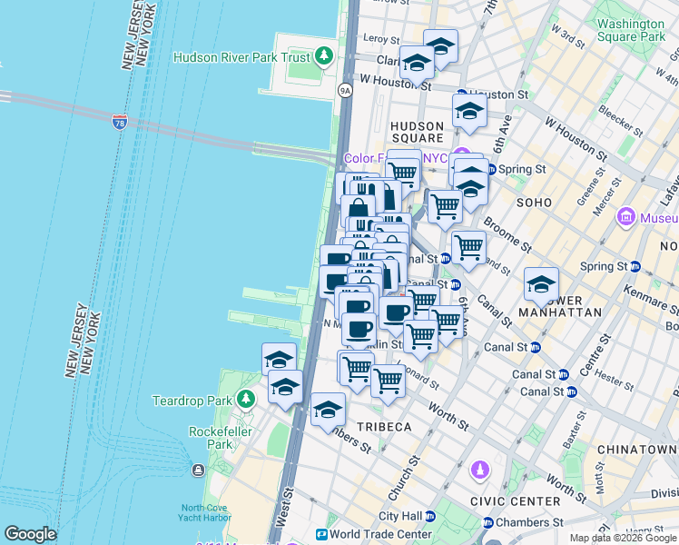 map of restaurants, bars, coffee shops, grocery stores, and more near 79 Laight Street in New York