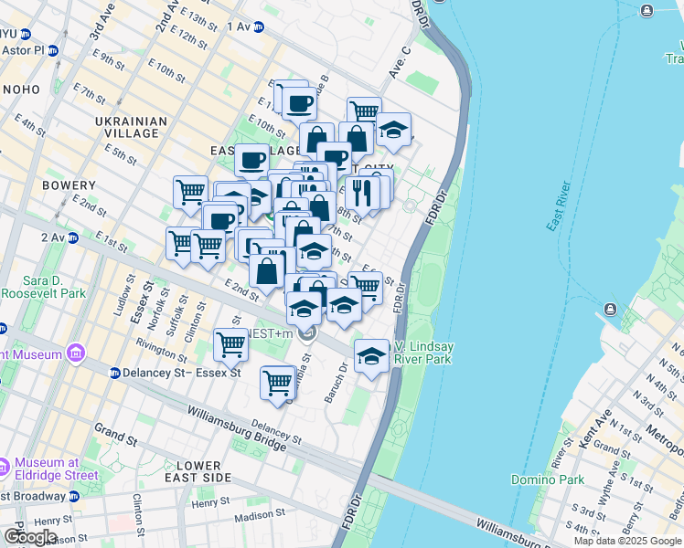 map of restaurants, bars, coffee shops, grocery stores, and more near 58 Avenue D in New York