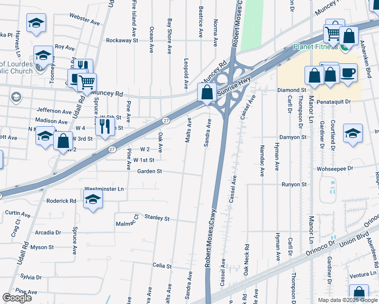 map of restaurants, bars, coffee shops, grocery stores, and more near 195 Malts Avenue in West Islip