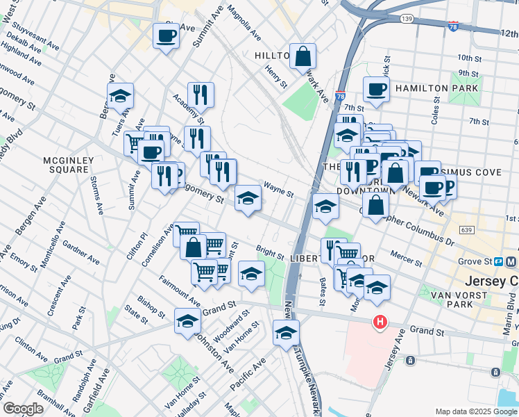 map of restaurants, bars, coffee shops, grocery stores, and more near 335 Mercer Loop in Jersey City