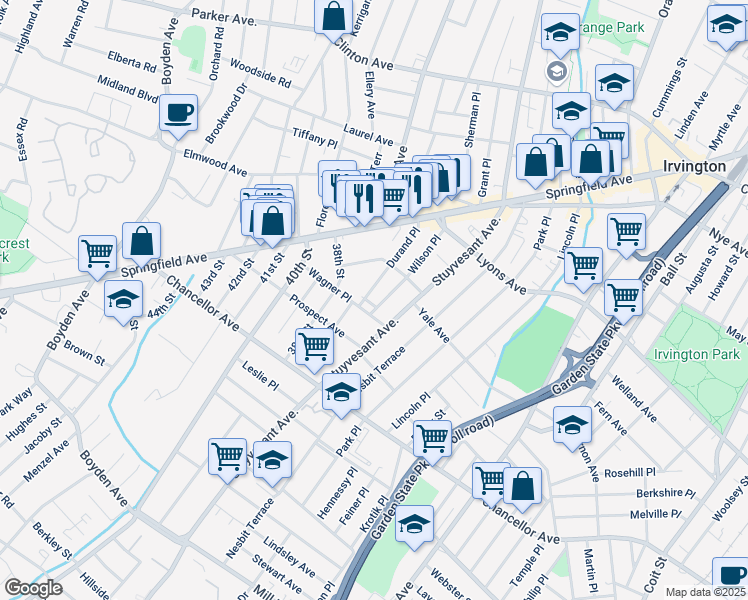 map of restaurants, bars, coffee shops, grocery stores, and more near 6 Edmund Place in Irvington