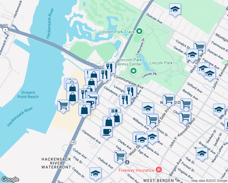 map of restaurants, bars, coffee shops, grocery stores, and more near 294 Clendenny Avenue in Jersey City