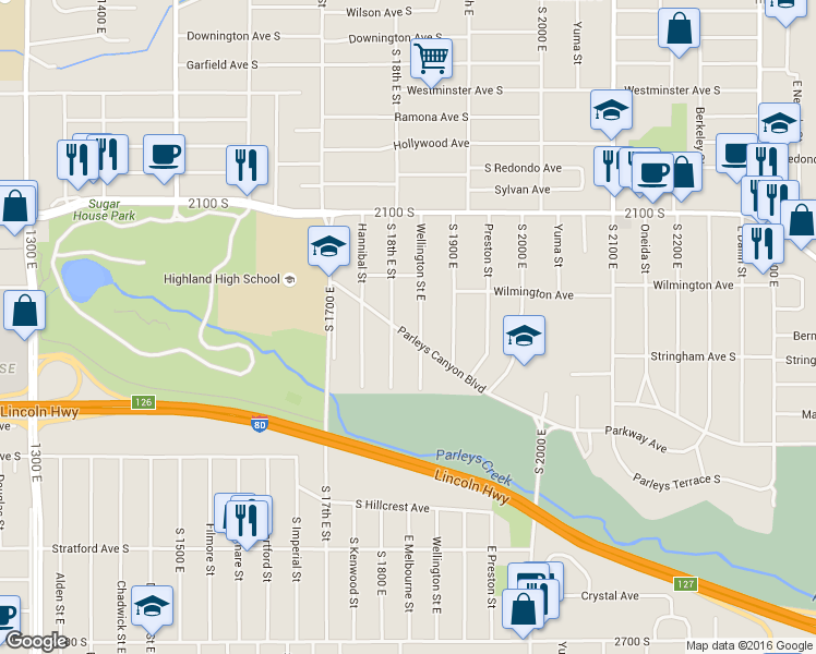 map of restaurants, bars, coffee shops, grocery stores, and more near 1831 Parleys Canyon Boulevard in Salt Lake City
