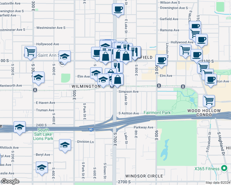 map of restaurants, bars, coffee shops, grocery stores, and more near 675 Simpson Avenue South in Salt Lake City