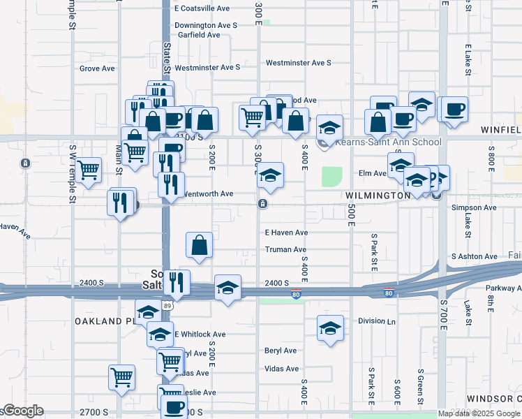 map of restaurants, bars, coffee shops, grocery stores, and more near 2255 South 300 East in South Salt Lake