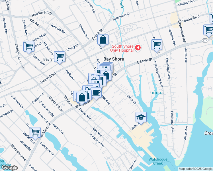 map of restaurants, bars, coffee shops, grocery stores, and more near 44 East Main Street in Bay Shore