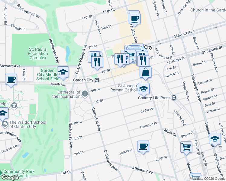 map of restaurants, bars, coffee shops, grocery stores, and more near 44 Hilton Avenue in Garden City