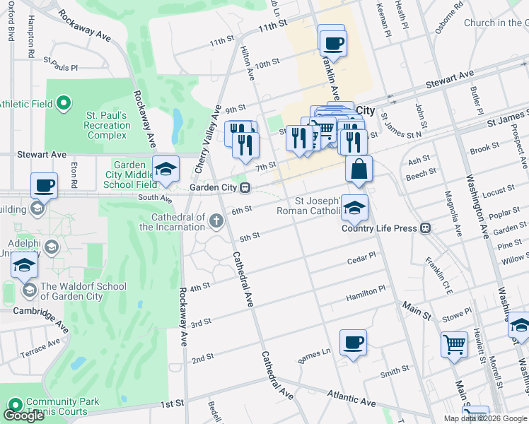 map of restaurants, bars, coffee shops, grocery stores, and more near 88 6th Street in Garden City
