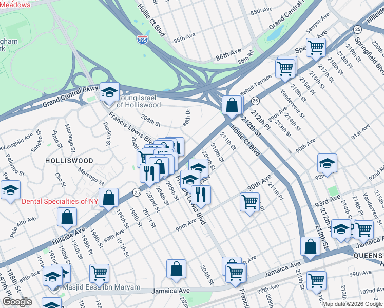map of restaurants, bars, coffee shops, grocery stores, and more near 20721 New York 25 in Queens