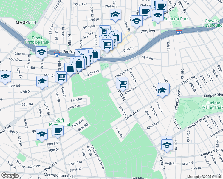 map of restaurants, bars, coffee shops, grocery stores, and more near 68-04 59th Road in Queens