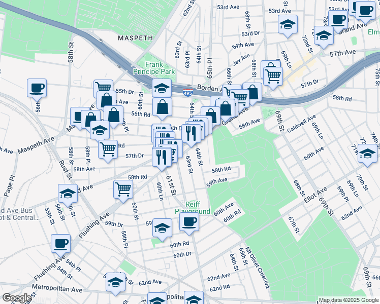map of restaurants, bars, coffee shops, grocery stores, and more near in Queens