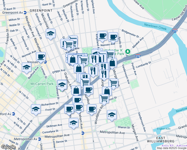 map of restaurants, bars, coffee shops, grocery stores, and more near 187 Engert Avenue in Brooklyn