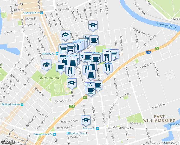 map of restaurants, bars, coffee shops, grocery stores, and more near 38 Broome Street in Brooklyn
