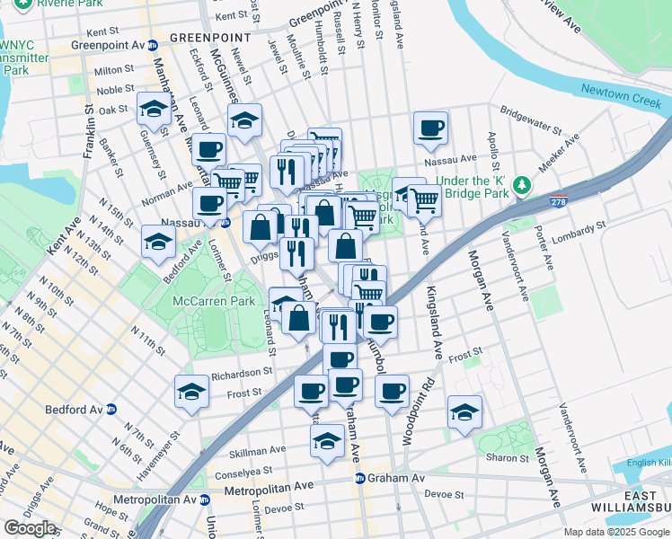 map of restaurants, bars, coffee shops, grocery stores, and more near 38 Broome Street in Brooklyn