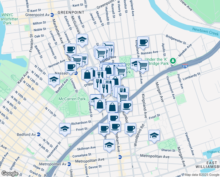 map of restaurants, bars, coffee shops, grocery stores, and more near 38 Broome Street in Brooklyn