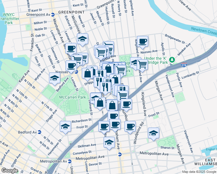 map of restaurants, bars, coffee shops, grocery stores, and more near 38 Broome Street in Brooklyn