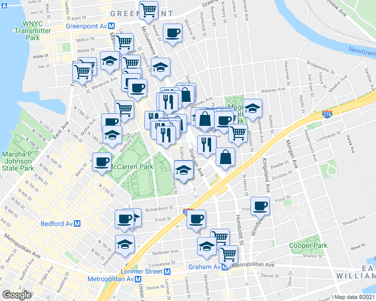 map of restaurants, bars, coffee shops, grocery stores, and more near 4 Broome Street in Brooklyn