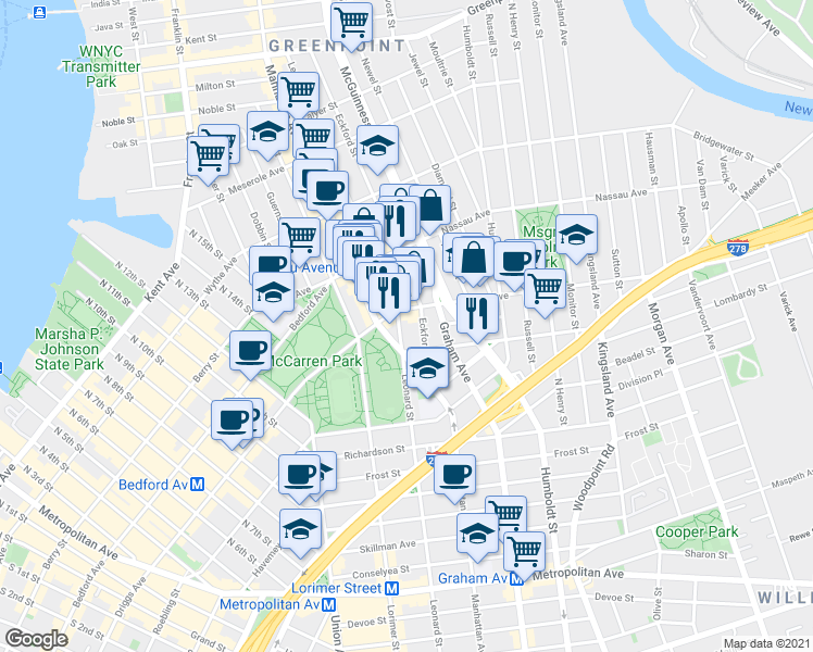 map of restaurants, bars, coffee shops, grocery stores, and more near in Brooklyn