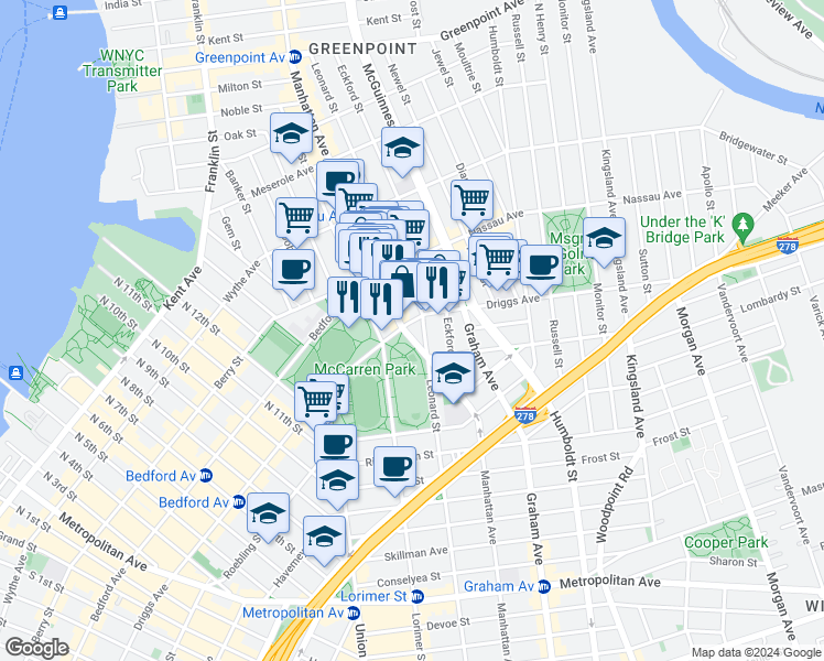 map of restaurants, bars, coffee shops, grocery stores, and more near in Brooklyn