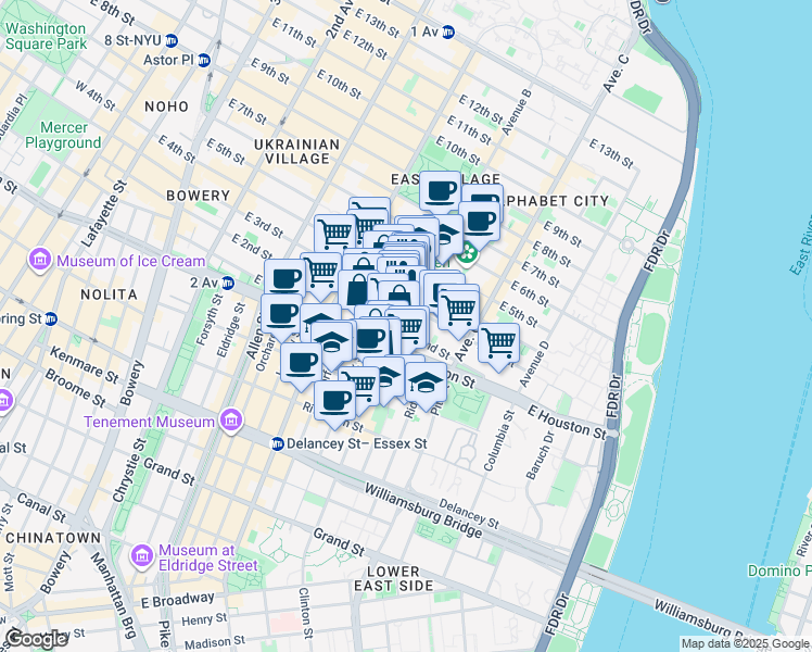 map of restaurants, bars, coffee shops, grocery stores, and more near 210 East 2nd Street in New York