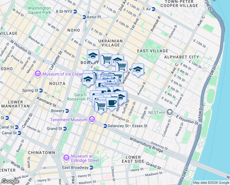 map of restaurants, bars, coffee shops, grocery stores, and more near 217 East Houston Street in New York