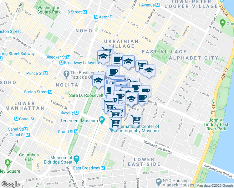 map of restaurants, bars, coffee shops, grocery stores, and more near in New York