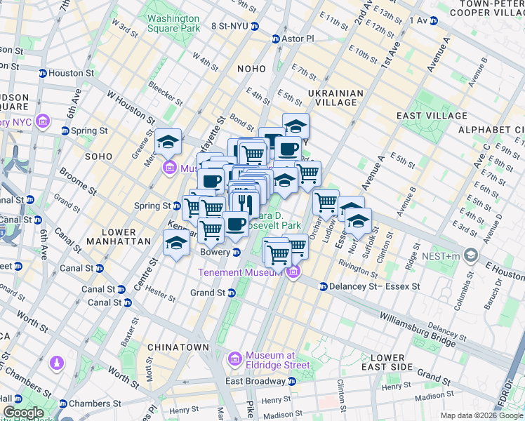 map of restaurants, bars, coffee shops, grocery stores, and more near 187 Chrystie Street in New York