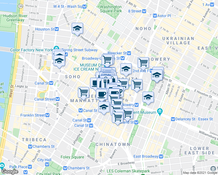 map of restaurants, bars, coffee shops, grocery stores, and more near 226 Lafayette Street in New York
