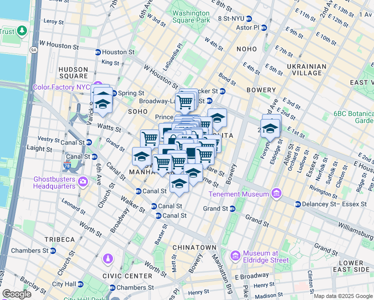 map of restaurants, bars, coffee shops, grocery stores, and more near 226 Lafayette Street in New York