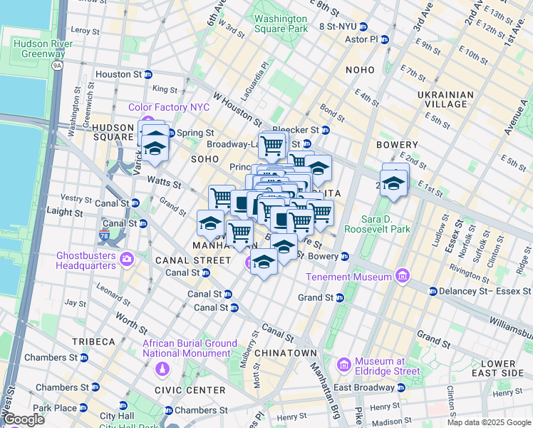 map of restaurants, bars, coffee shops, grocery stores, and more near 226 Lafayette Street in New York