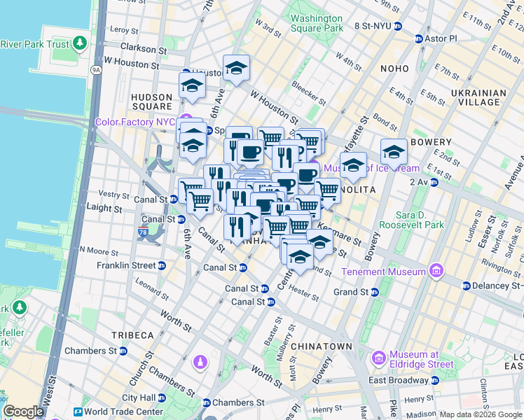 map of restaurants, bars, coffee shops, grocery stores, and more near in New York