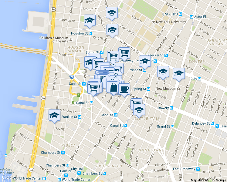 map of restaurants, bars, coffee shops, grocery stores, and more near 78 Grand Street in New York
