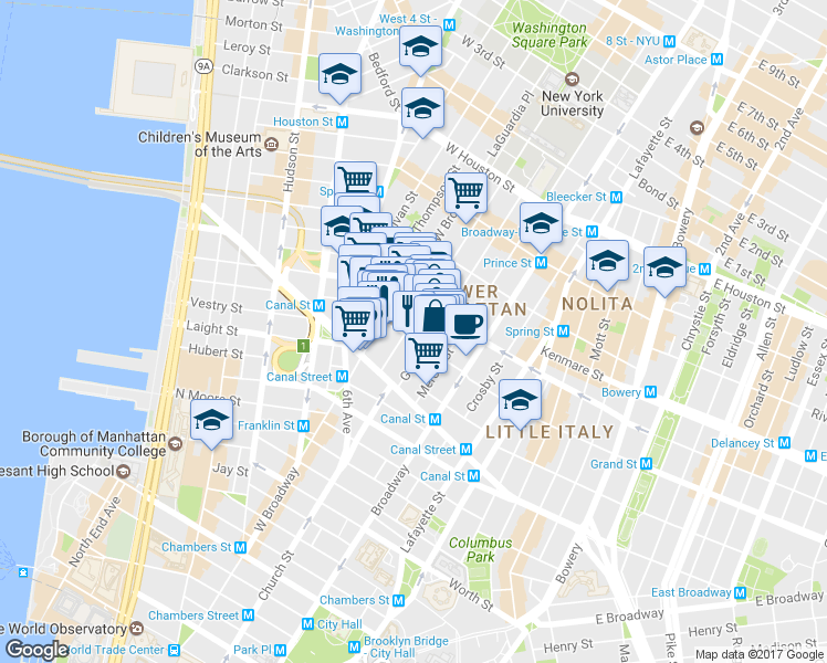 map of restaurants, bars, coffee shops, grocery stores, and more near 78 Grand Street in New York